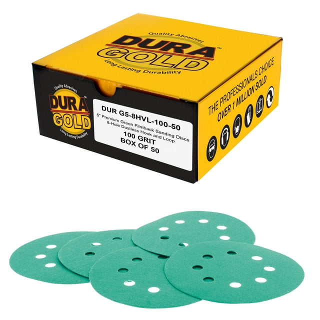 DuraGold Premium 100 Grit 5" Green Film Sanding Discs, 8Hole Pattern