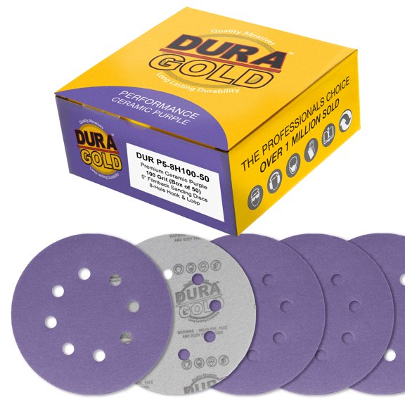 Dura-Gold 100 Grit 5" Purple Film Ceramic Sanding Discs, 8-Hole Pattern, Box of 50 - Dustless Hook & Loop Backing Sandpaper for DA & Random Orbital Sanders - Sand Auto Paint, Wood, Woodworking