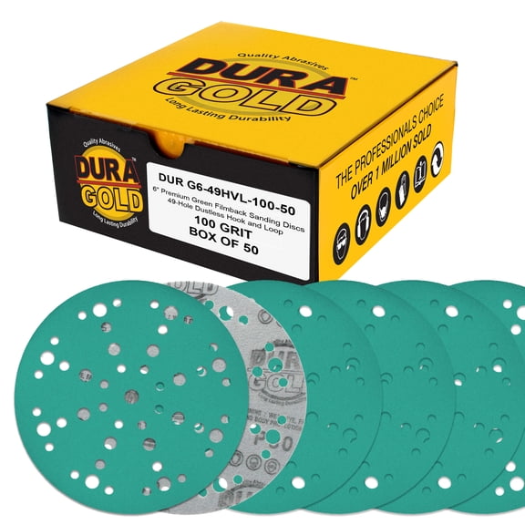 Dura-Gold Premium 100 Grit 6" Green Film Sanding Discs, 49-Hole Pattern, Box of 50 - Heavy-Duty Dustless Hook & Loop Backing Sandpaper for DA & Random Orbital Sanders, Sand Auto Paint, Wood Furniture