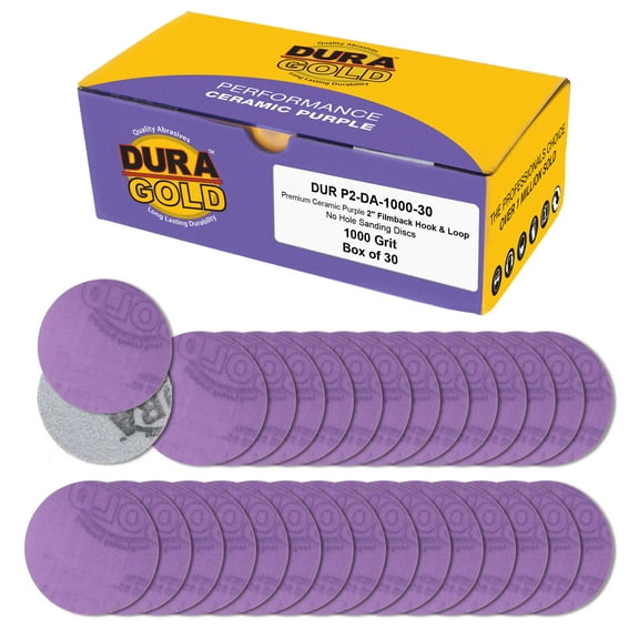 Dura-Gold Premium 1000 Grit 2" Purple Film Ceramic Sanding Discs, Box of 30 - Hook & Loop Backing Sandpaper for DA Sander, Drill, Grinder, Rotary Tool - Sand Auto Body Paint, Metal, Wood, Woodworking
