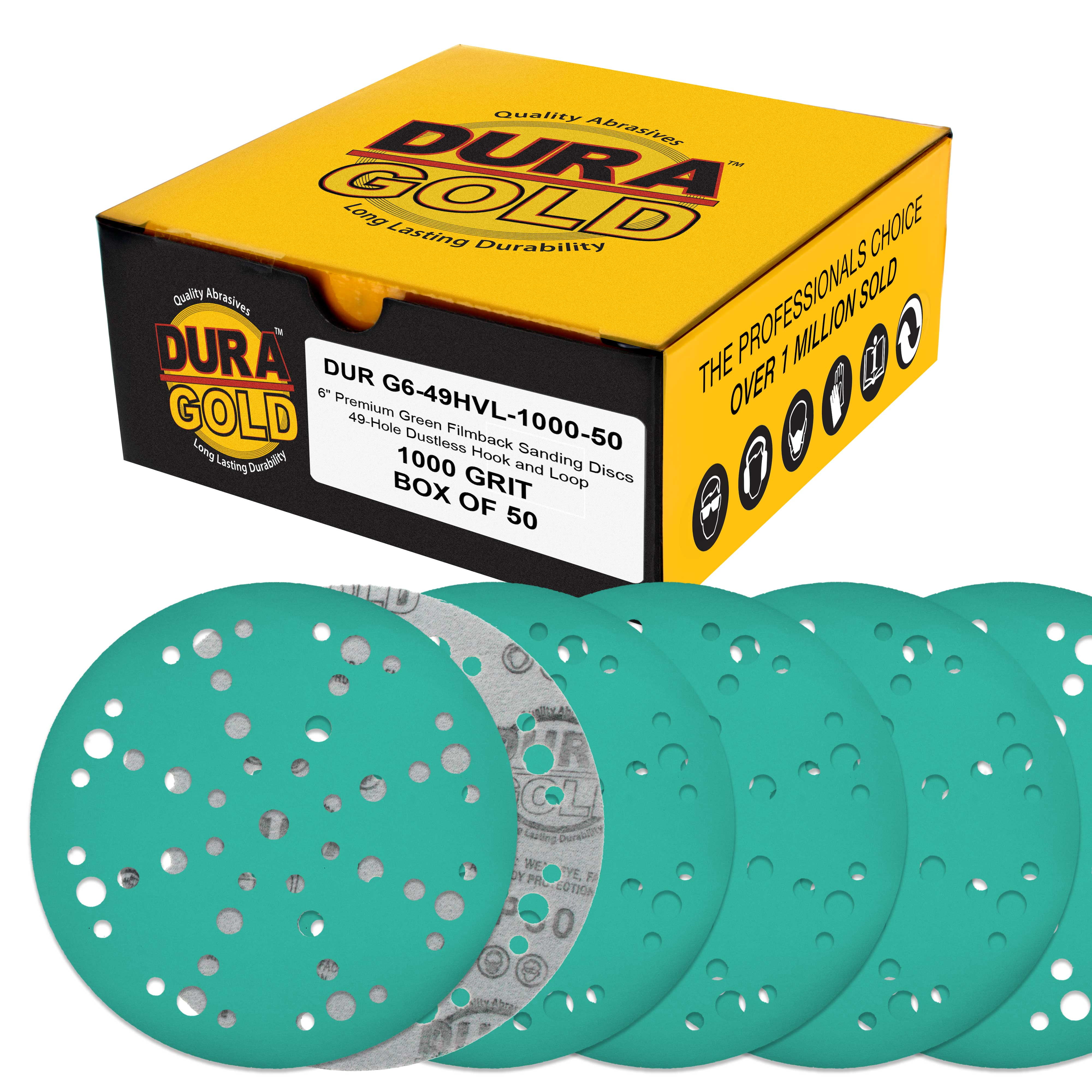 Dura-Gold Premium 1000 Grit 6" Green Film Sanding Discs, 49-Hole Pattern, Box of 50 - Heavy-Duty Dustless Hook & Loop Backing Sandpaper for DA, Random Orbital Sander, Detail Color Sand Auto Paint Wood