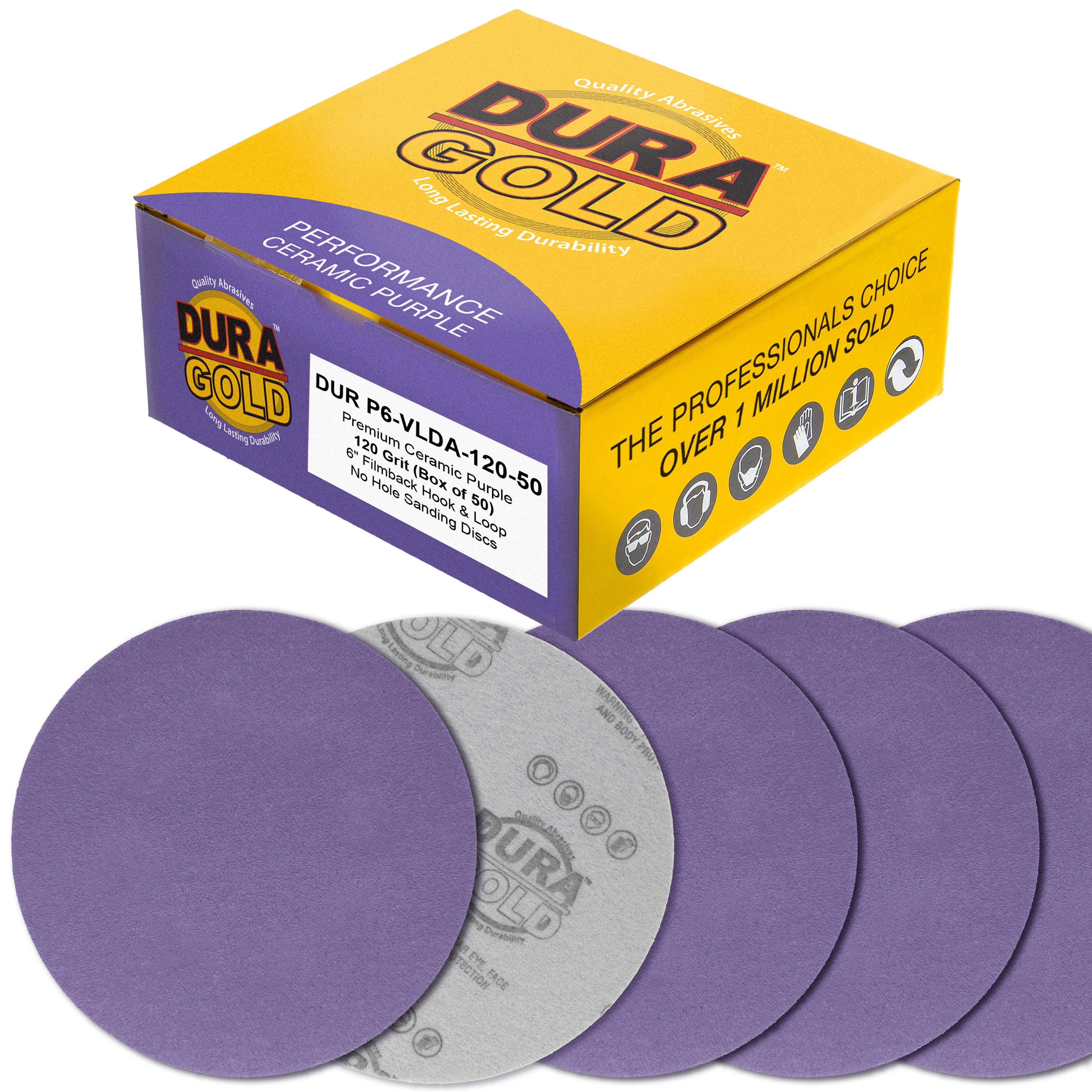 Dura-Gold Premium 120 Grit 6" Purple Film Ceramic Sanding Discs, Box of 50 - Hook & Loop Backing Sandpaper for DA & Random Orbital Sanders - Fast Sharp-Cut Abrasive, Sand Auto Paint, Woodworking