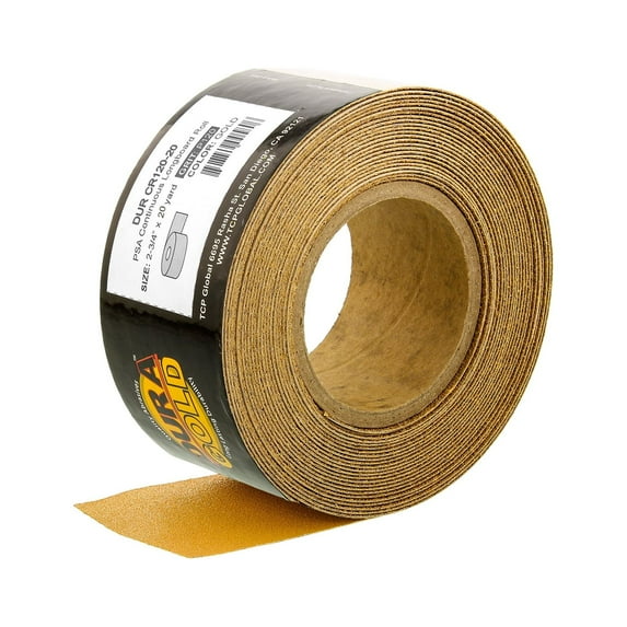 Dura-Gold Premium 120 Grit Gold PSA Longboard Sandpaper 20 Yard Long Continuous Roll, 2-3/4" Wide - Self Adhesive Stickyback Sandpaper for Auto, Woodworking Air File Sanders, Hand Sanding Blocks