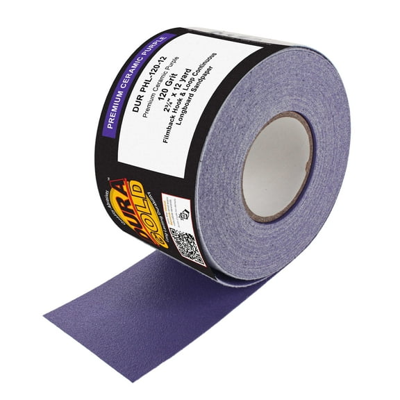 Dura-Gold Premium 120 Grit Purple Film Ceramic Longboard Sandpaper, 2-3/4" Wide Continuous 12 Yard Roll - Hook & Loop Backing for Auto & Woodworking Air File Long Board Sanders