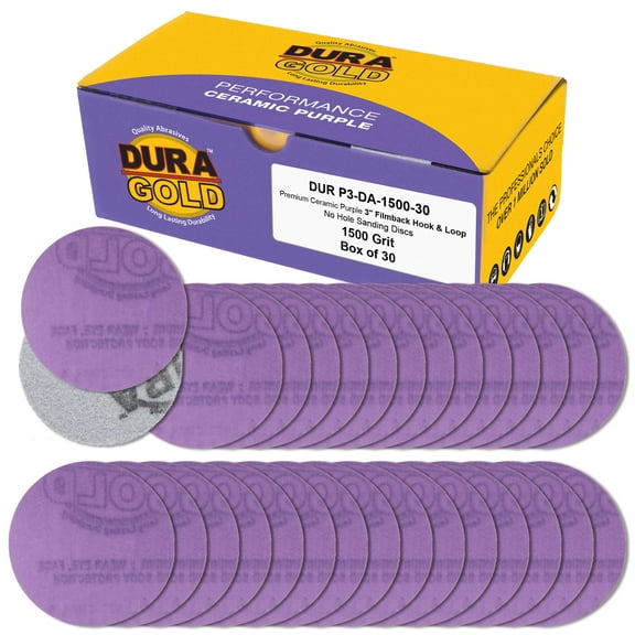 Dura-Gold Premium 1500 Grit 3" Purple Film Ceramic Sanding Discs, Box of 30 - Hook & Loop Backing Sandpaper for DA Sander, Drill, Grinder, Rotary Tool - Sand Auto Body Paint, Metal, Wood, Woodworking