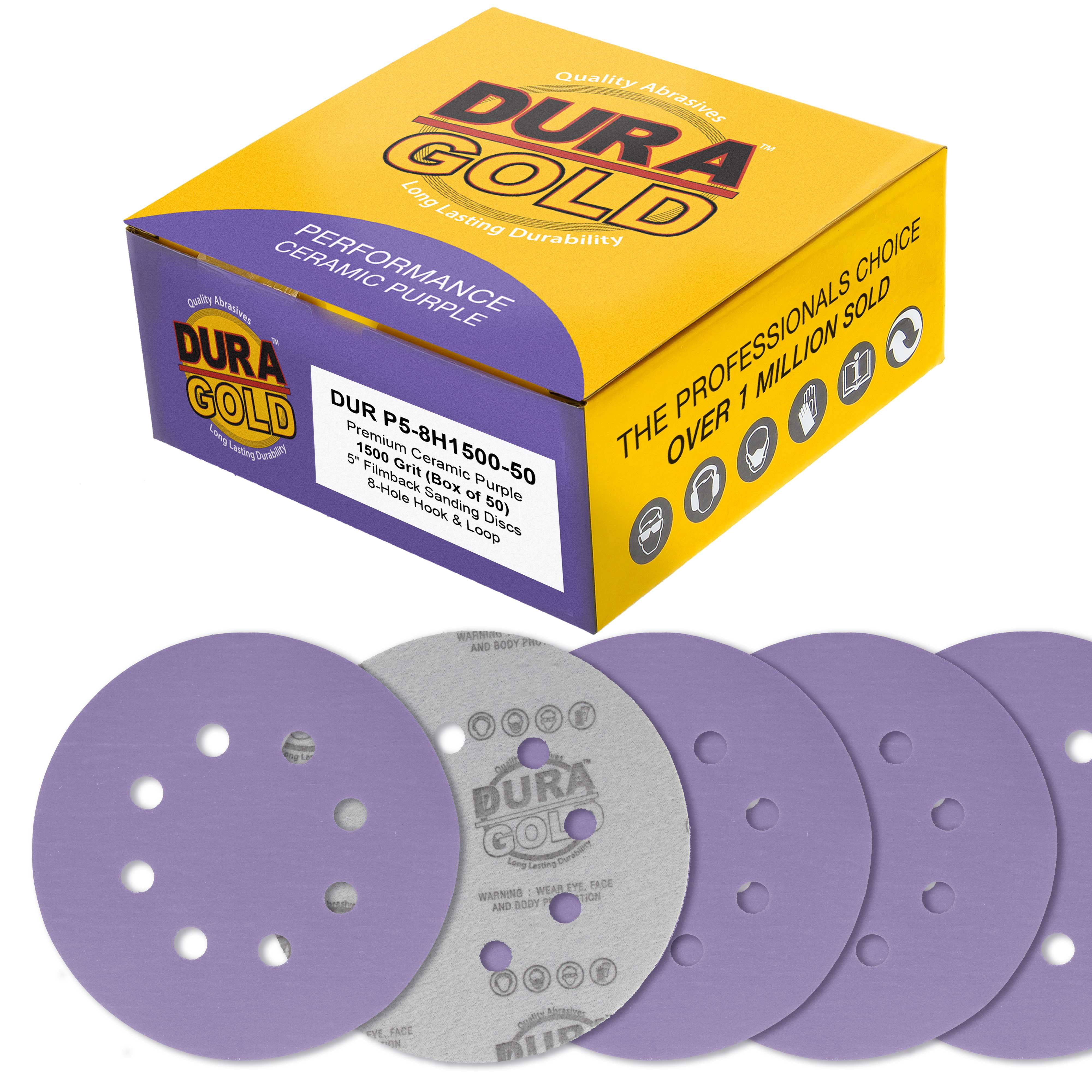 Dura-Gold 1500 Grit 5" Purple Film Ceramic Sanding Discs, 8-Hole Pattern, Box of 50 - Dustless Hook & Loop Backing Sandpaper for DA & Random Orbital Sanders - Detail Color Sand Auto Paint Wood