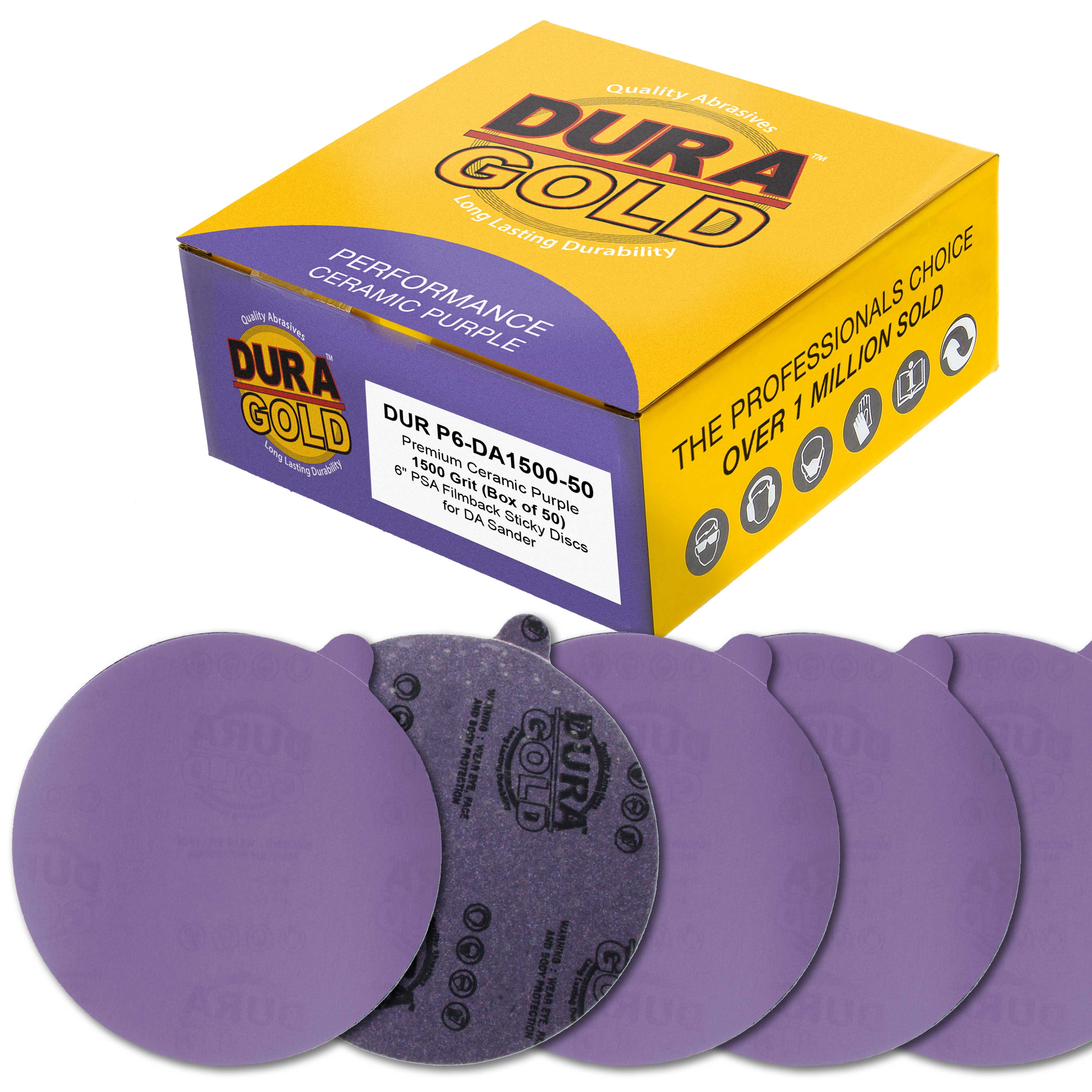 Dura-Gold Premium 1500 Grit 6" PSA Purple Film Ceramic Sanding Discs, Box of 50 - Self Adhesive Stickyback Sandpaper for DA & Random Orbital Sanders - Abrasive Sand Auto Paint, Metal,working
