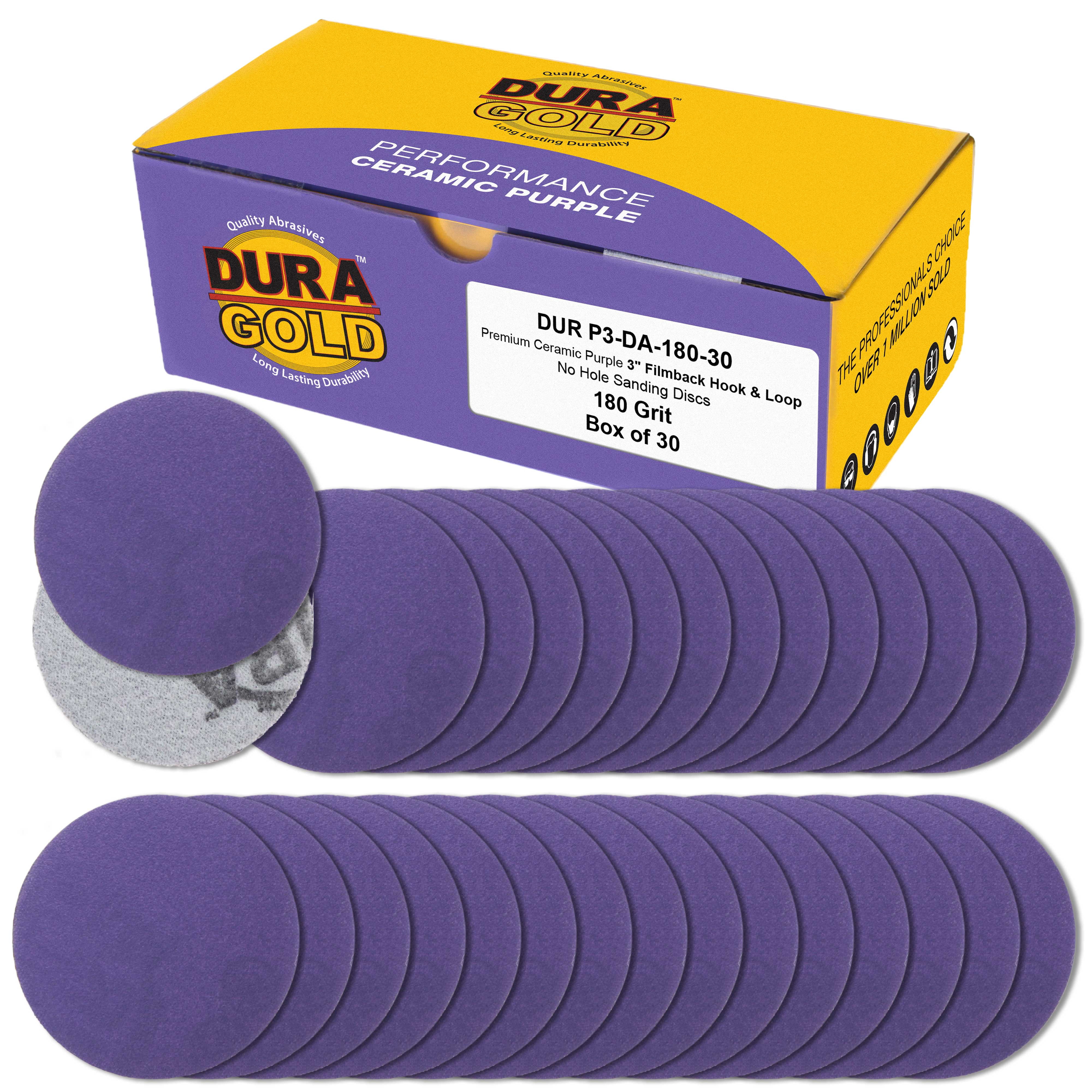 Dura-Gold Premium 180 Grit 3" Purple Film Ceramic Sanding Discs, Box of 30 - Hook & Loop Backing Sandpaper for DA Sander, Drill, Grinder, Rotary Tool - Sand Auto Body Paint, Metal, Wood, Woodworking
