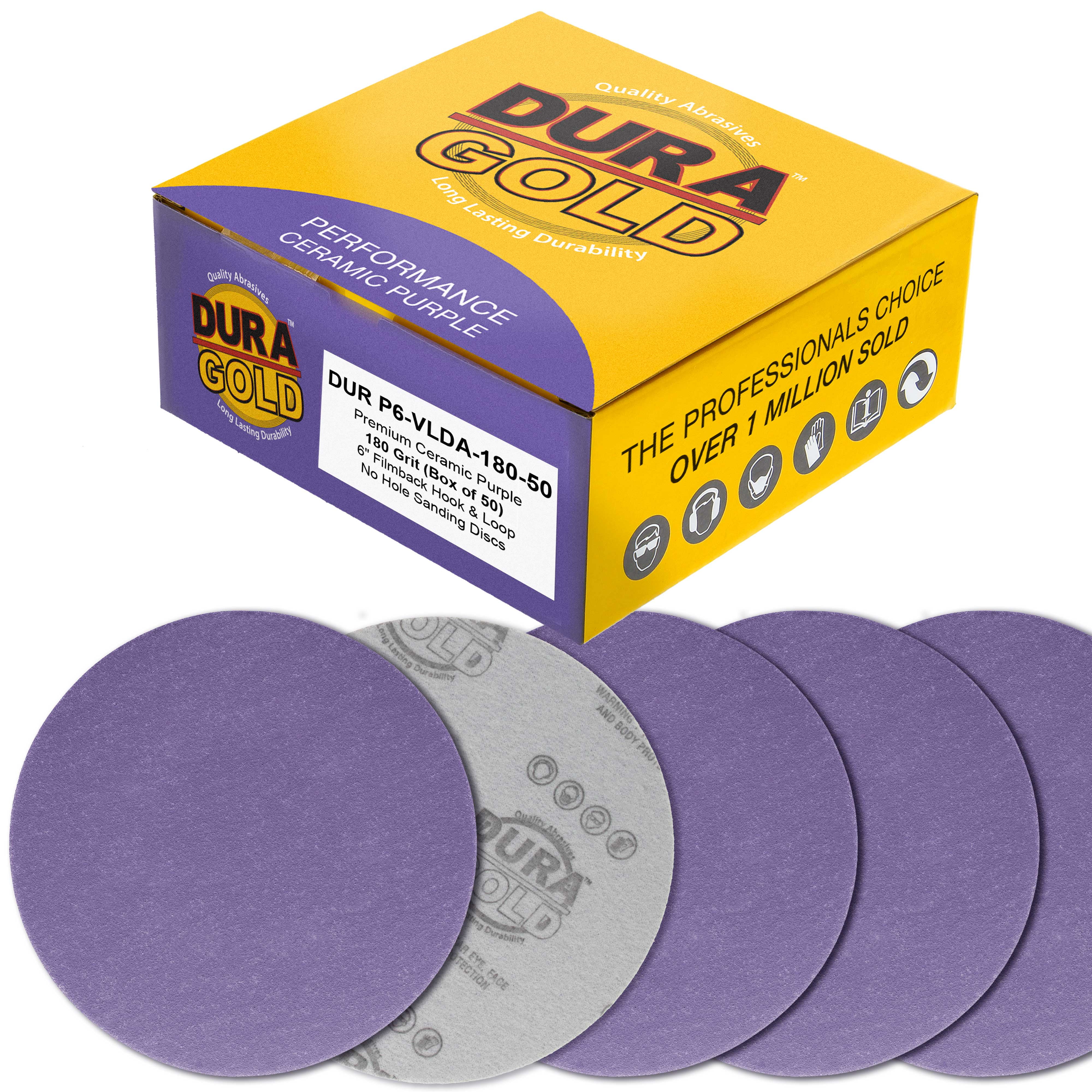 Dura-Gold Premium 180 Grit 6" Purple Film Ceramic Sanding Discs, Box of 50 - Hook & Loop Backing Sandpaper for DA & Random Orbital Sanders - Fast Sharp-Cut Abrasive, Sand Auto Paint, Woodworking