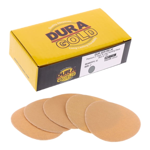 Dura-Gold Premium 2" Gold Hook & Loop Sanding Discs - 180 Grit (Box of 30) - High-Performance Medium Cut Abrasive Sandpaper Discs - For DA Sanders Drill, Sand Auto Paint Filler, Woodworking Wood