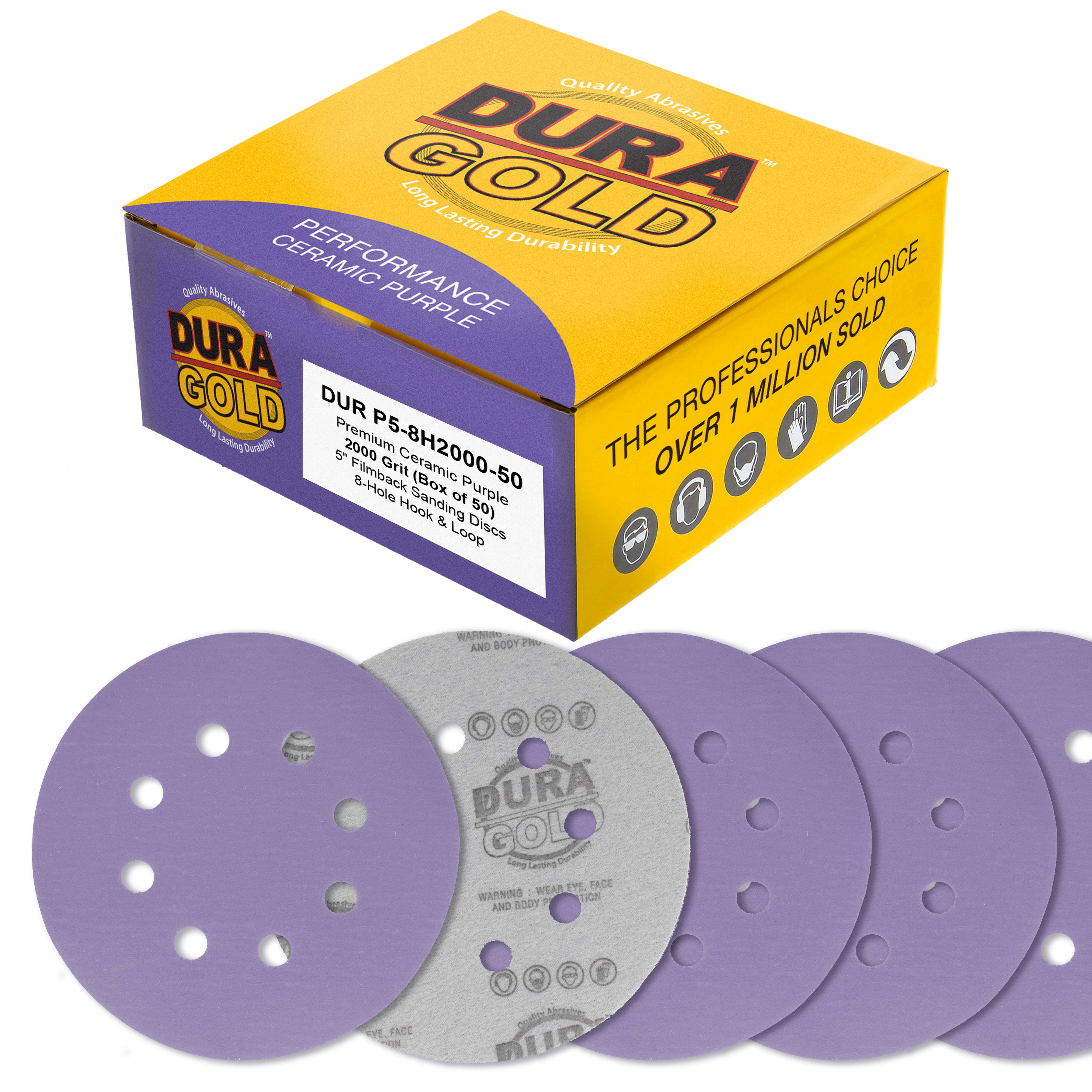 Dura-Gold 2000 Grit 5" Purple Film Ceramic Sanding Discs, 8-Hole Pattern, Box of 50 - Dustless Hook & Loop Backing Sandpaper for DA & Random Orbital Sanders - Detail Color Sand Auto Paint Wood