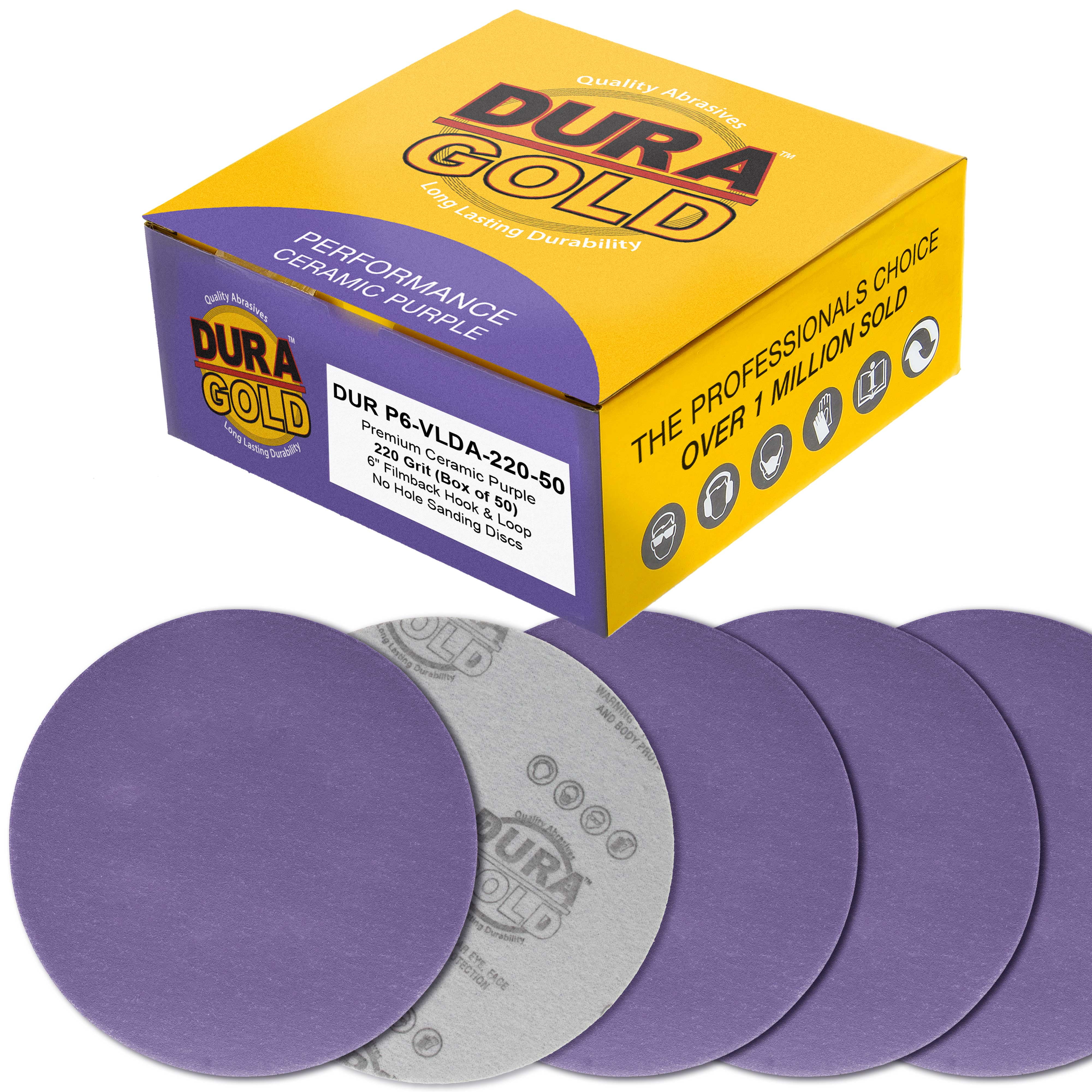 Dura-Gold Premium 220 Grit 6" Purple Film Ceramic Sanding Discs, Box of 50 - Hook & Loop Backing Sandpaper for DA & Random Orbital Sanders - Fast Sharp-Cut Abrasive, Sand Auto Paint, Woodworking