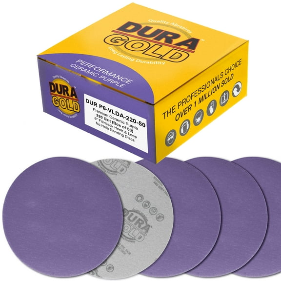 Dura-Gold Premium 220 Grit 6" Purple Film Ceramic Sanding Discs, Box of 50 - Hook & Loop Backing Sandpaper for DA & Random Orbital Sanders - Fast Sharp-Cut Abrasive, Sand Auto Paint, Woodworking