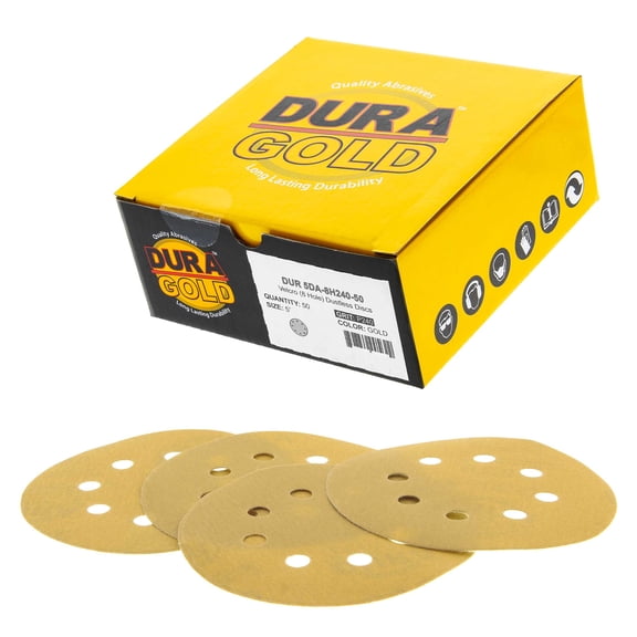 Dura-Gold Premium - 240 Grit - 5" Gold Sanding Discs - 8-Hole Dustless Hook and Loop for Random Orbit DA Sander - Box of 50 Finishing Sandpaper Discs for Woodworking or Auto