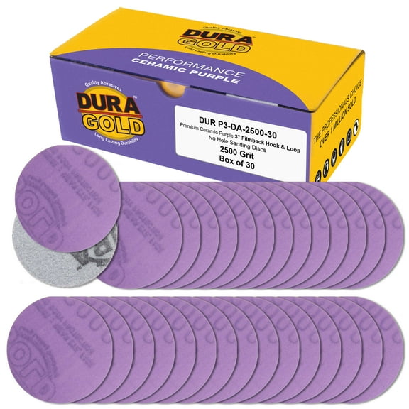 Dura-Gold Premium 2500 Grit 3" Purple Film Ceramic Sanding Discs, Box of 30 - Hook & Loop Backing Sandpaper for DA Sander, Drill, Grinder, Rotary Tool - Sand Auto Body Paint, Metal, Wood, Woodworking