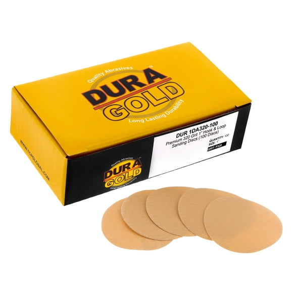 Dura-Gold - Premium - 320 Grit 1" Gold Hook & Loop Sanding Discs for DA Sanders - Box of 100 Sandpaper Finishing Discs for Auto and Woodworking