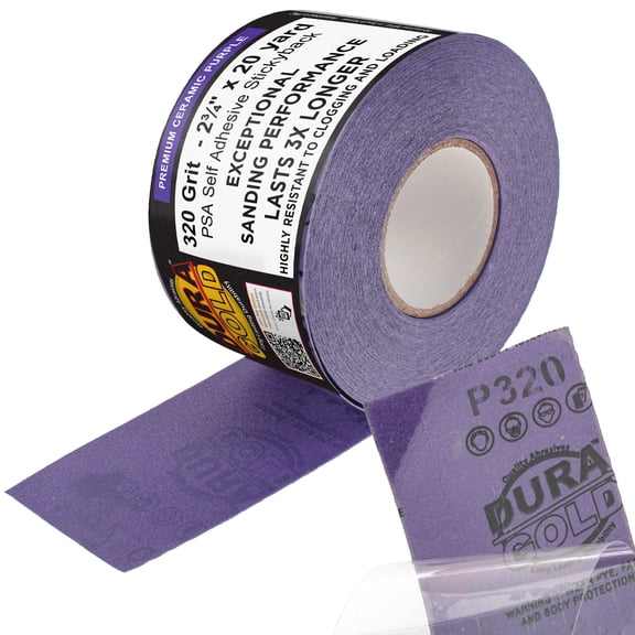 Dura-Gold Premium 320 Grit PSA Purple Film Ceramic Longboard Sandpaper, 2-3/4" Wide Continuous 20 Yard Roll - Self Adhesive Stickyback for Auto & Wood Air File Long Board Sanders