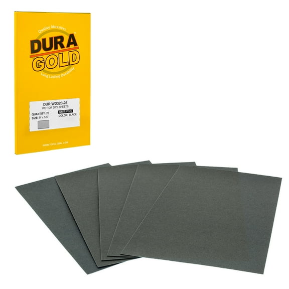 Dura-Gold Premium 320 Grit Wet or Dry Sandpaper Sheets, 5-1/2" x 9", Box of 25 - Fine-Cut Sanding, Detailing, Polishing Auto, Woodworking Wood Furniture, Metal Finishing, Hand Sand Block Sander