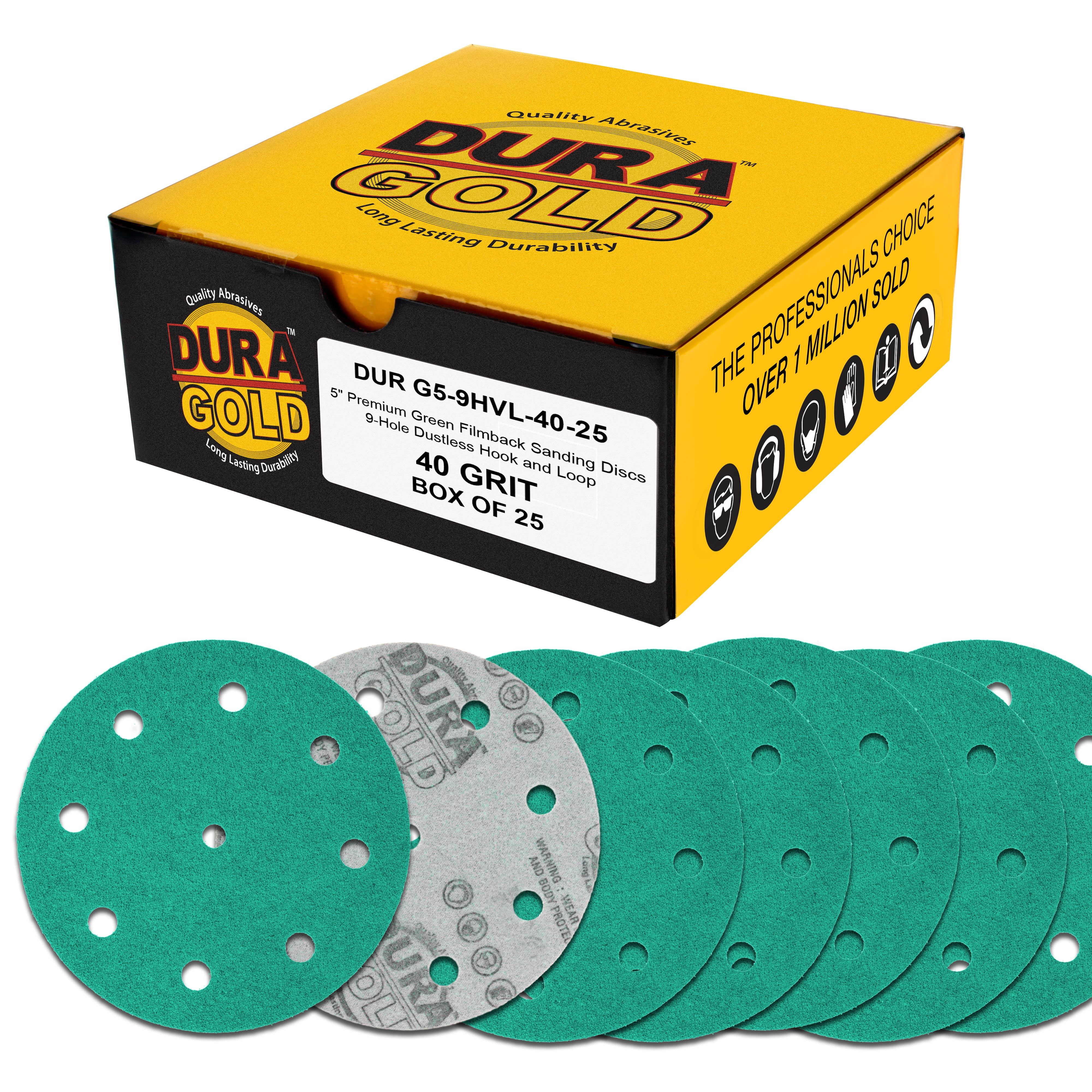 Dura-Gold Premium 40 Grit 5" Green Film Sanding Discs, 9-Hole Pattern, Box of 25 - Heavy-Duty Dustless Hook & Loop Backing Sandpaper for DA & Random Orbital Sanders, Sand Auto Paint, Wood, Furniture