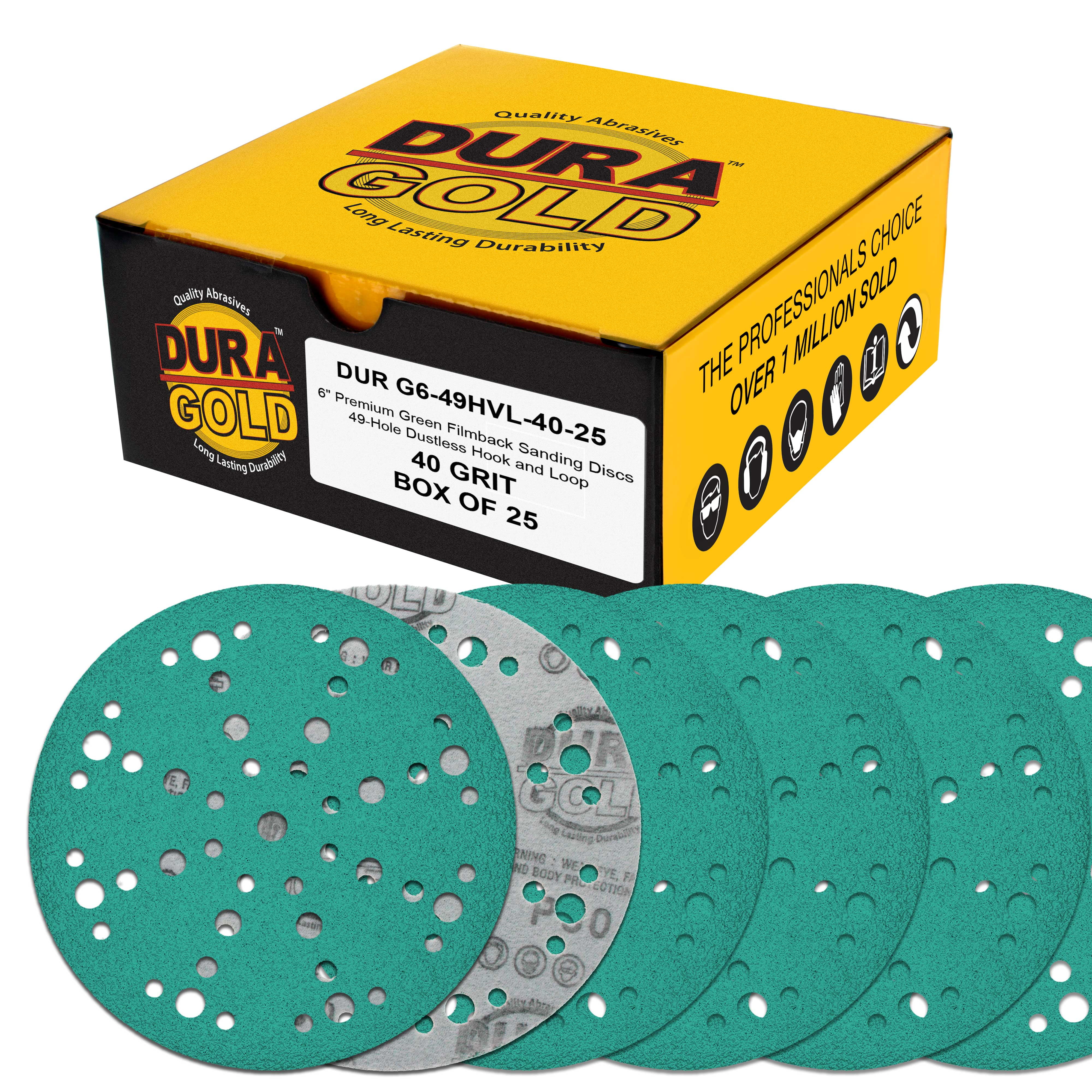 Dura-Gold Premium 40 Grit 6" Green Film Sanding Discs, 49-Hole Pattern, Box of 25 - Heavy-Duty Dustless Hook & Loop Backing Sandpaper for DA & Random Orbital Sanders, Sand Auto Paint, Wood Furniture