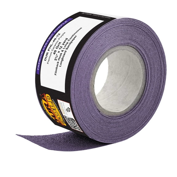 Dura-Gold Premium 40 Grit Purple Film Ceramic Longboard Sandpaper, 2-3/4" Wide Continuous 12 Yard Roll - Hook & Loop Backing for Auto & Woodworking Air File Long Board Sanders
