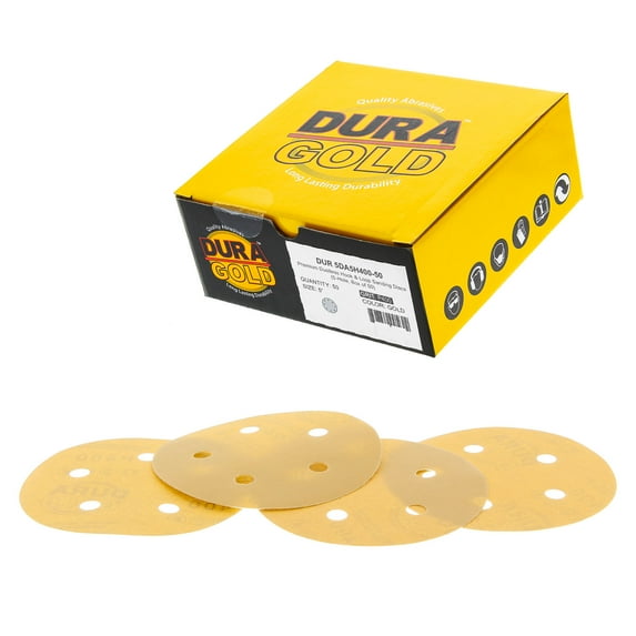 Dura-Gold - Premium - 400 Grit - 5" Gold Sanding Discs - 5-Hole Dustless Hook and Loop for DA Sander - Box of 50 Finishing Sandpaper Discs for Woodworking or Auto