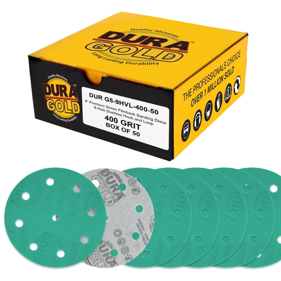 Dura-Gold Premium 400 Grit 5" Green Film Sanding Discs, 9-Hole Pattern, Box of 50 - Heavy-Duty Dustless Hook & Loop Backing Sandpaper for DA & Random Orbital Sanders, Sand Auto Paint, Wood, Furniture