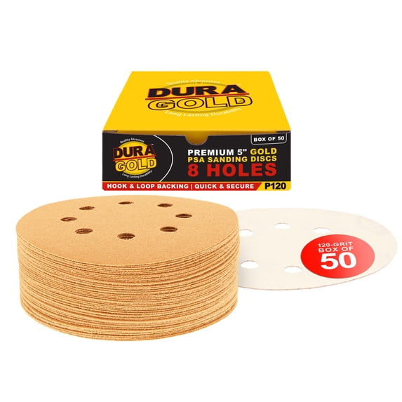 Dura-Gold Premium 5" Gold Sanding Discs - 120 Grit (Box of 50) - 8 Hole Pattern Dustless Hook & Loop Backing Sandpaper for DA Sanders, Aluminum Oxide Abrasive - Sand Auto Paint, Woodworking Wood