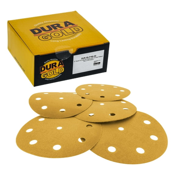 Dura-Gold Premium 5" Gold Sanding Discs - 180 Grit (Box of 50) - 9 Hole Pattern Dustless Hook & Loop Backing Sandpaper for DA Sanders, Aluminum Oxide Abrasive - Sand Auto Paint, Woodworking Wood