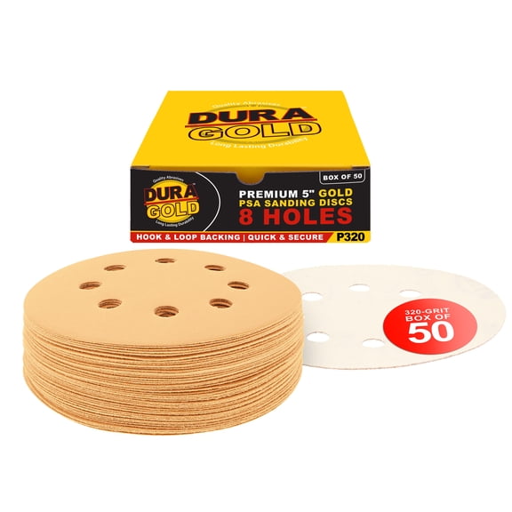 Dura-Gold Premium 5" Gold Sanding Discs - 320 Grit (Box of 50) - 8 Hole Pattern Dustless Hook & Loop Backing Sandpaper for DA Sanders, Aluminum Oxide Abrasive - Sand Auto Paint, Woodworking Wood