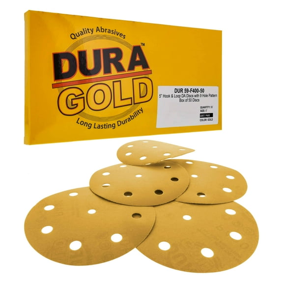 Dura-Gold Premium 5" Gold Sanding Discs - 400 Grit (Box of 50) - 9 Hole Pattern Dustless Hook & Loop Backing Sandpaper for DA Sanders, Aluminum Oxide Abrasive - Sand Auto Paint, Woodworking Wood