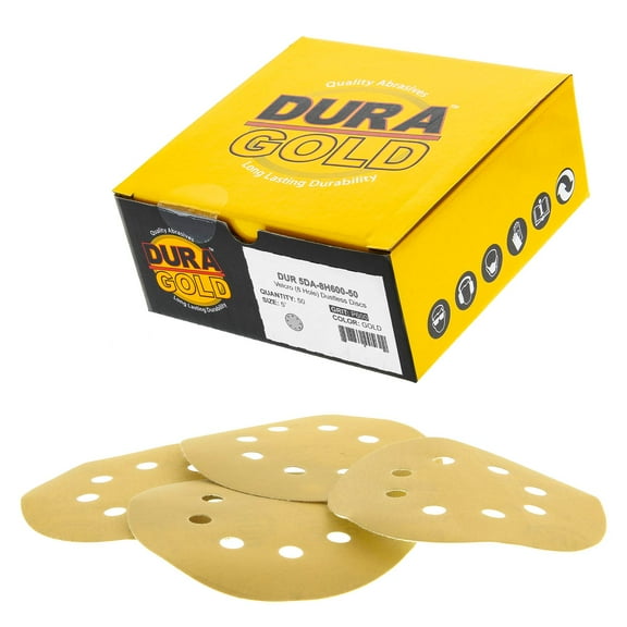 Dura-Gold Premium 5" Gold Sanding Discs - 600 Grit (Box of 50) - 8 Hole Pattern Dustless Hook & Loop Backing Sandpaper for DA Sanders, Aluminum Oxide Abrasive - Sand Auto Paint, Woodworking Wood