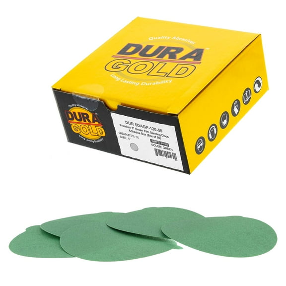 Dura-Gold Premium 5" Green Film PSA Sanding Discs - 120 Grit (Box of 50) - Film Back Self Adhesive Stickyback Sandpaper Discs for DA Sanders, Fast Cut Abrasive - Sand Automotive Paint Woodworking Wood