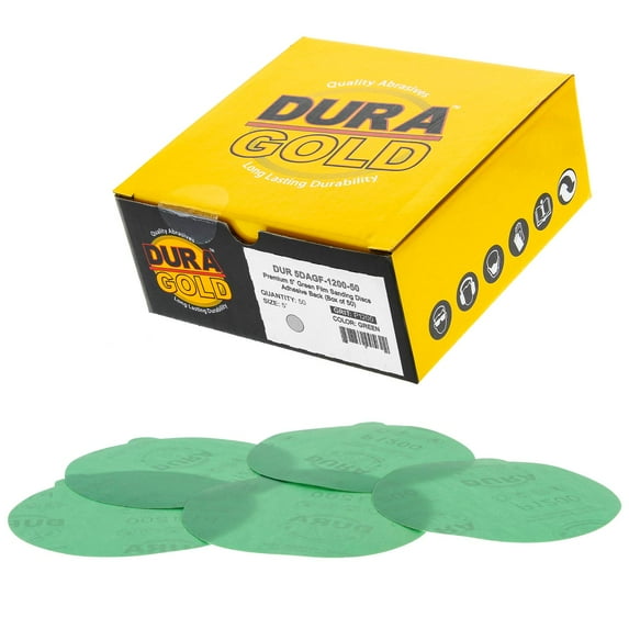 Dura-Gold Premium 5" Green Film PSA Sanding Discs - 1200 Grit (Box of 50) - Film Back Self Adhesive Stickyback Sandpaper Discs for DA Sander, Finishing Abrasive, Sand Auto Paint Woodworking Wood