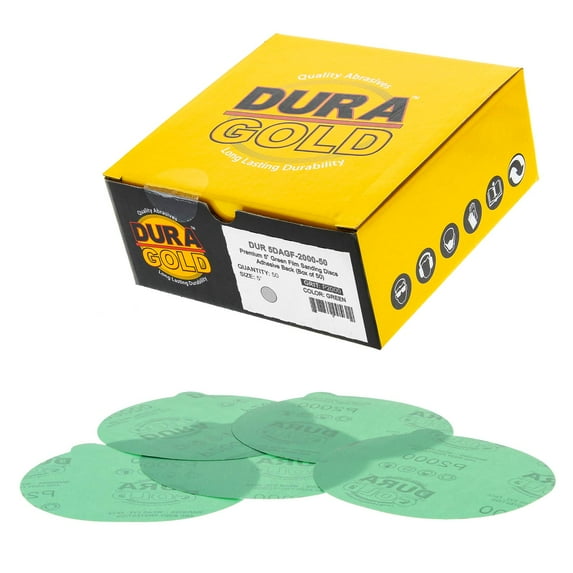 Dura-Gold Premium 5" Green Film PSA Sanding Discs - 2000 Grit (Box of 50) - Film Back Self Adhesive Stickyback Sandpaper Discs for DA Sander, Finishing Abrasive, Sand Auto Paint Woodworking Wood