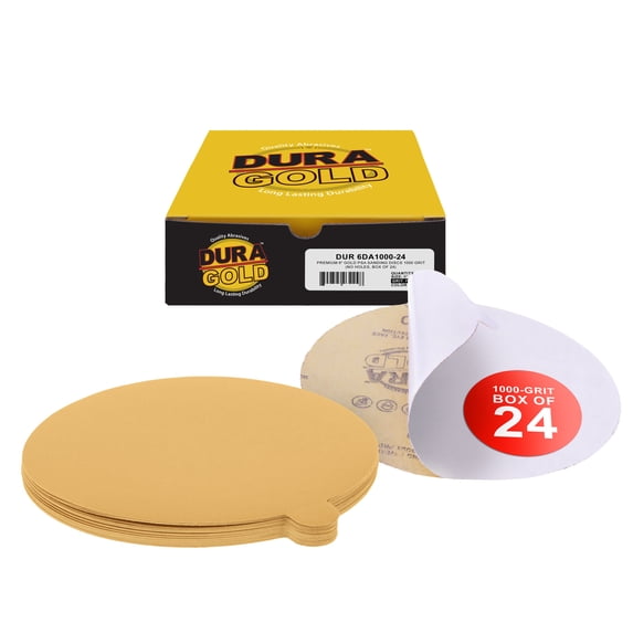 Dura-Gold Premium 6" Gold PSA Sanding Discs - 1000 Grit (Box of 24) - Self Adhesive Stickyback Sandpaper for DA Sander, Finishing Fine Cut Abrasive - Sand Auto Car Paint, Woodworking Wood, Metal