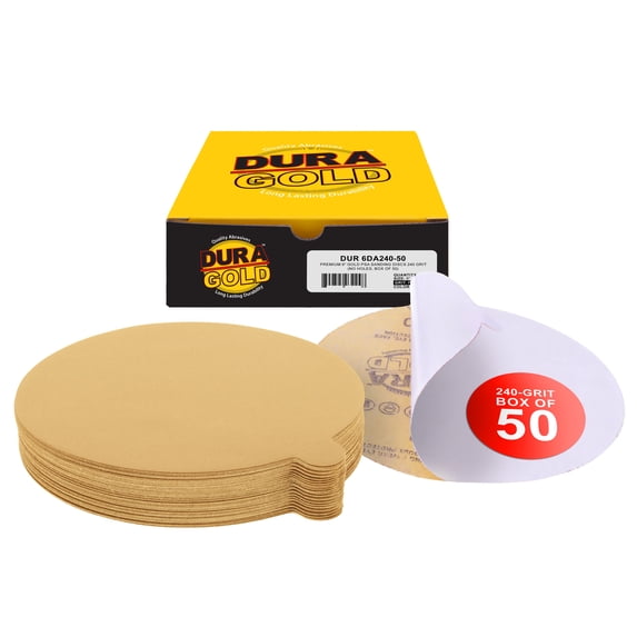 Dura-Gold Premium 6" Gold PSA Sanding Discs - 240 Grit (Box of 50) - Self Adhesive Stickyback Sandpaper for DA Sander, Finishing Medium-Cut Abrasive - Sand Auto Car Paint Woodworking Wood Metal
