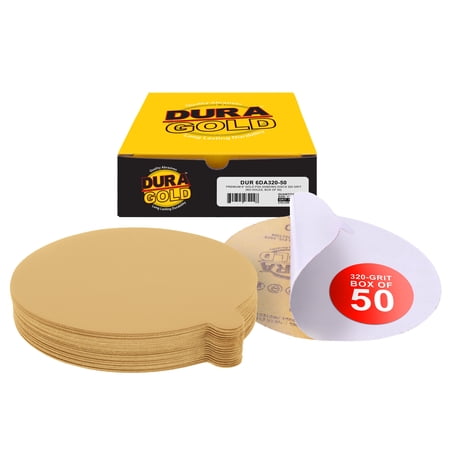 Dura-Gold Premium 6" Gold PSA Sanding Discs - 320 Grit (Box of 50) - Self Adhesive Stickyback Sandpaper for DA Sander, Finishing Fine Cut Abrasive - Sand Auto Car Paint, Woodworking Wood, Metal