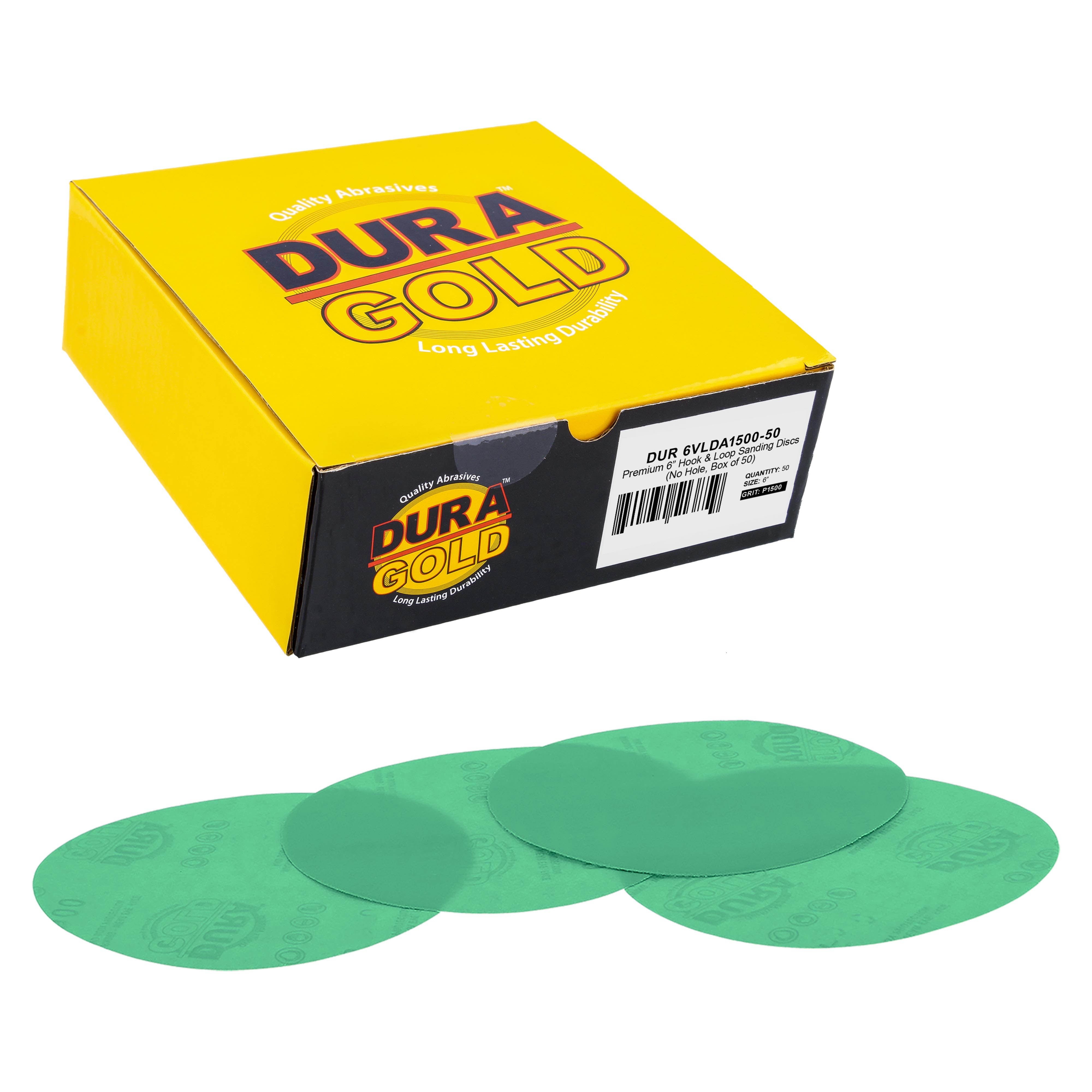 Dura-Gold Premium 6" Gold Sanding Discs - 1500 Grit (Box of 50) - Hook & Loop Backing Sandpaper Discs for DA Orbital Sanders, Finishing Extra Fine-Cut Abrasive, Sand Auto Paint, Woodworking Wood