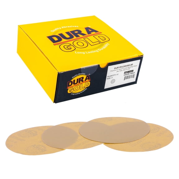 Dura-Gold Premium 6" Gold Sanding Discs - 400 Grit (Box of 50) - Hook & Loop Backing Sandpaper Discs for DA Orbital Sanders, Finishing Fine-Cut Abrasive - Sand Auto Car Paint, Woodworking Wood