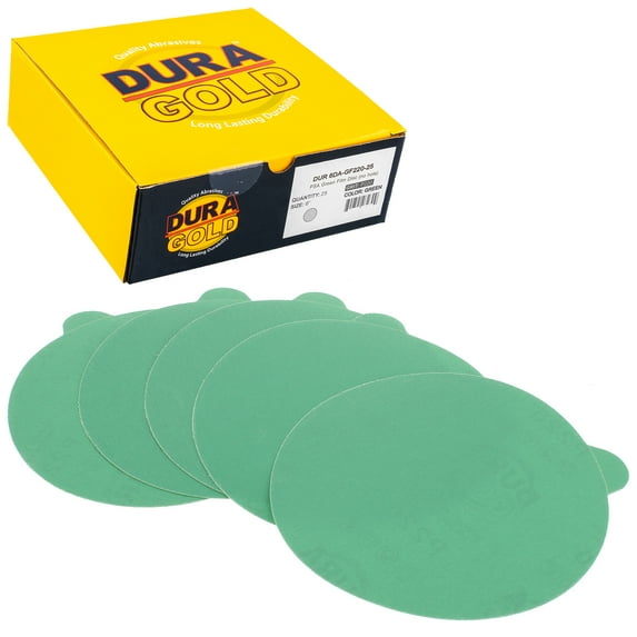 Dura-Gold Premium 6" Green Film PSA Sanding Discs - 220 Grit (Box of 25) - Self Adhesive Stickyback Sandpaper for DA Sanders, Finishing Medium Cut Abrasive - Sand Auto Paint, Woodworking Wood