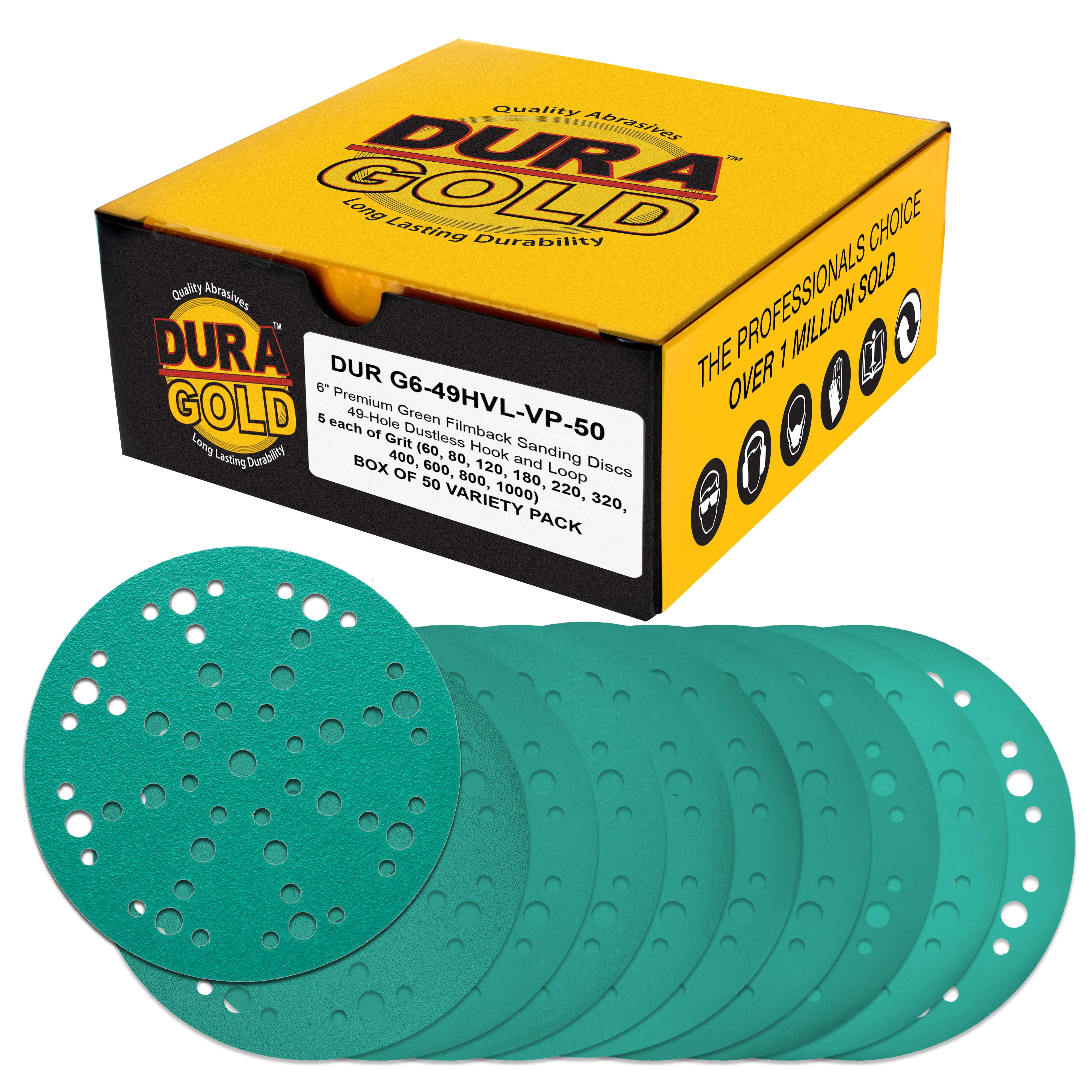 Dura-Gold Premium 6" Green Film Sanding Discs, 49-Hole Pattern, 50 Disc Variety Pack, Grits 60, 80, 120, 180, 220, 320, 400, 600, 800, 1000 - Heavy-Duty Hook & Loop Sandpaper, DA Random Orbital Sander