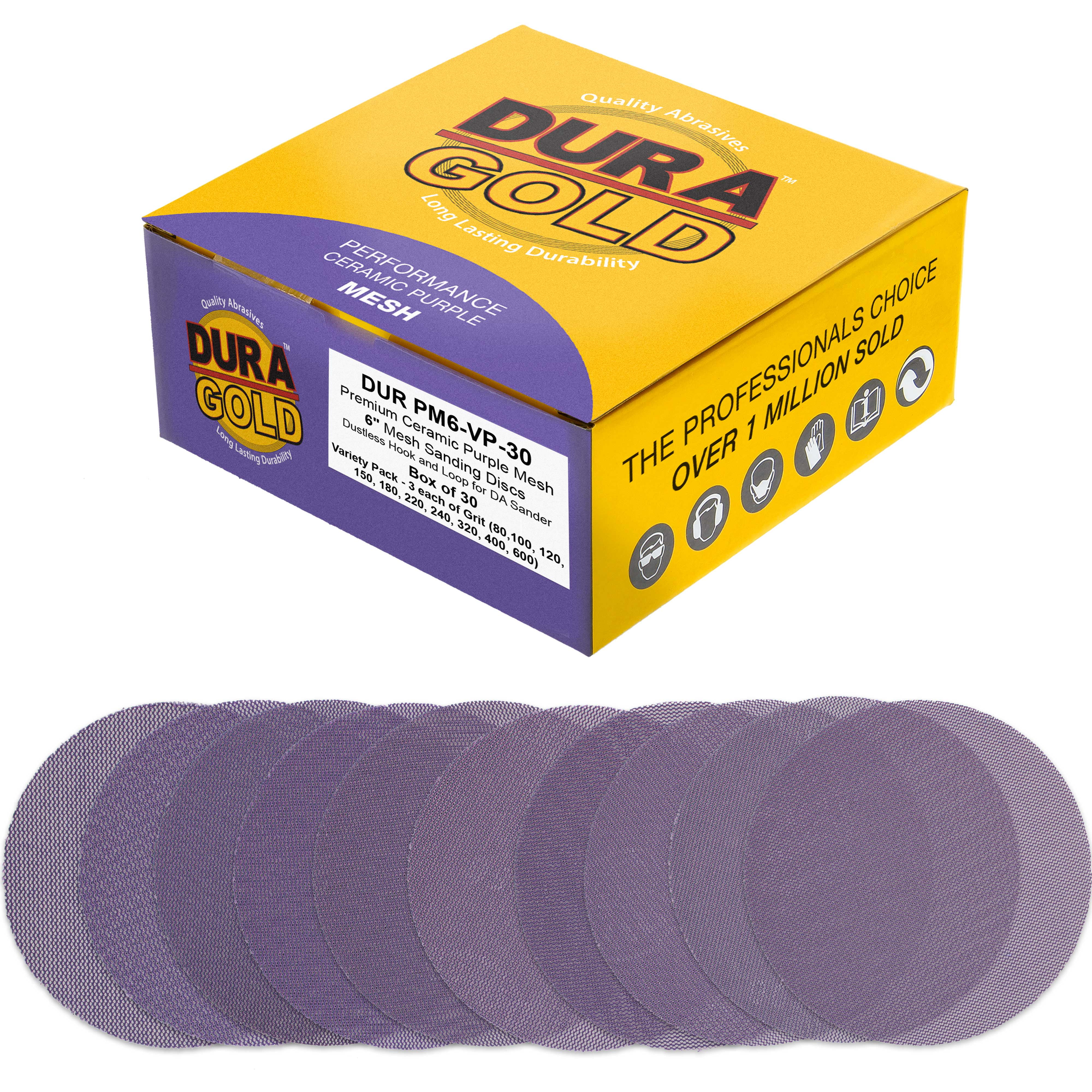 Dura-Gold 6" Purple Ceramic Mesh Sanding Discs, 30 Disc Variety Pack, Grits 80, 100, 120, 150, 180, 220, 240, 320, 400, 600 - Dustless Hook & Loop Backing Sandpaper, DA & Random Orbital Sander