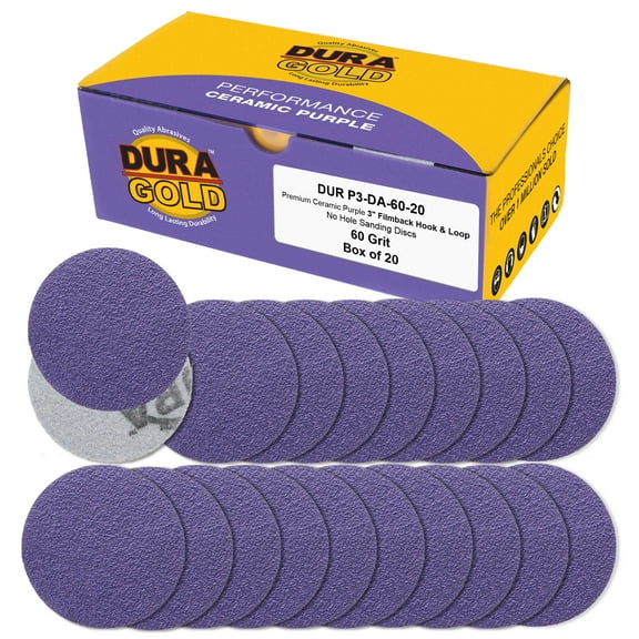 Dura-Gold Premium 60 Grit 3" Purple Film Ceramic Sanding Discs, Box of 20 - Hook & Loop Backing Sandpaper for DA Sander, Drill, Grinder, Rotary Tool - Sand Auto Body Paint, Metal, Wood, Woodworking