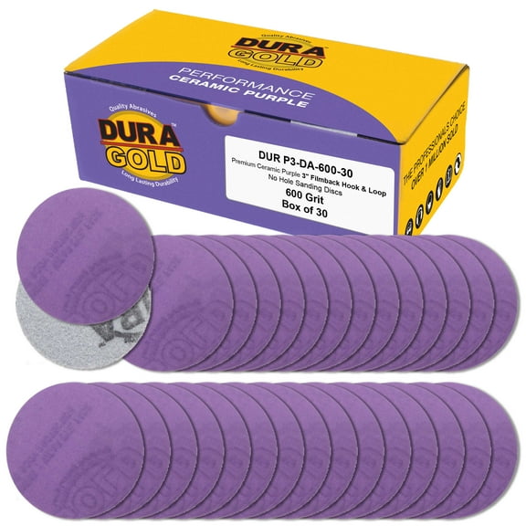 Dura-Gold Premium 600 Grit 3" Purple Film Ceramic Sanding Discs, Box of 30 - Hook & Loop Backing Sandpaper for DA Sander, Drill, Grinder, Rotary Tool - Sand Auto Body Paint, Metal, Wood, Woodworking