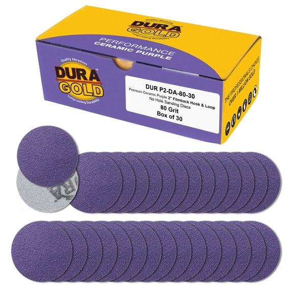 Dura-Gold Premium 80 Grit 2" Purple Film Ceramic Sanding Discs, Box of 30 - Hook & Loop Backing Sandpaper for DA Sander, Drill, Grinder, Rotary Tool - Sand Auto Body Paint, Metal, Wood, Woodworking