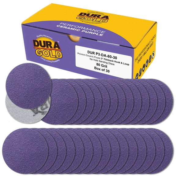 Dura-Gold Premium 80 Grit 3" Purple Film Ceramic Sanding Discs, Box of 30 - Hook & Loop Backing Sandpaper for DA Sander, Drill, Grinder, Rotary Tool - Sand Auto Body Paint, Metal, Wood, Woodworking