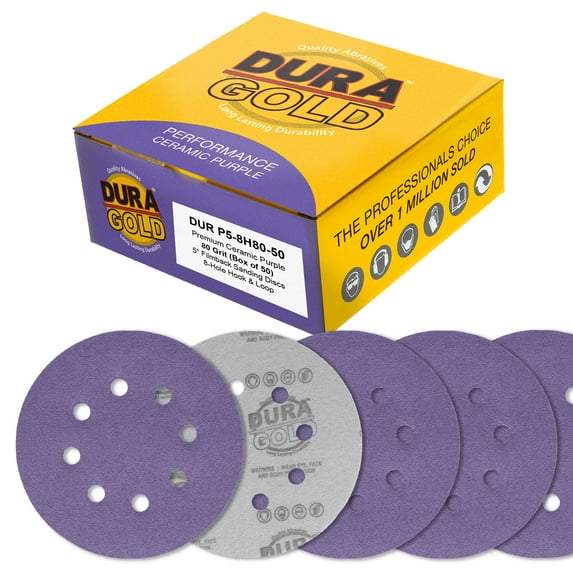 Dura-Gold Premium 80 Grit 5" Purple Film Ceramic Sanding Discs, 8-Hole Pattern, Box of 50 - Dustless Hook & Loop Backing Sandpaper for DA & Random Orbital Sanders - Sand Auto Paint, Woodworking