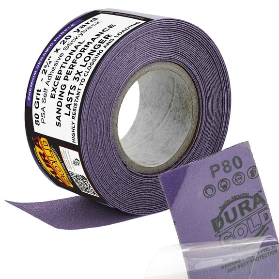 Dura-Gold Premium 80 Grit PSA Purple Film Ceramic Longboard Sandpaper, 2-3/4" Wide Continuous 20 Yard Roll - Self Adhesive Stickyback for Auto & Wood Air File Long Board Sanders