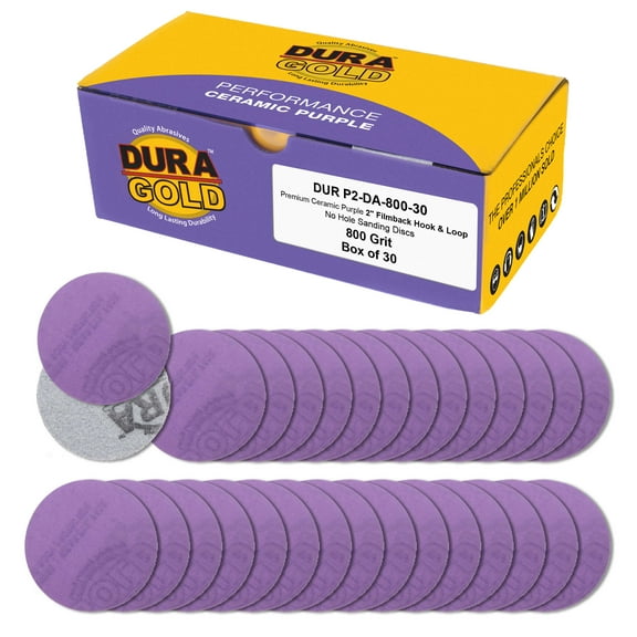 Dura-Gold Premium 800 Grit 2" Purple Film Ceramic Sanding Discs, Box of 30 - Hook & Loop Backing Sandpaper for DA Sander, Drill, Grinder, Rotary Tool - Sand Auto Body Paint, Metal, Wood, Woodworking